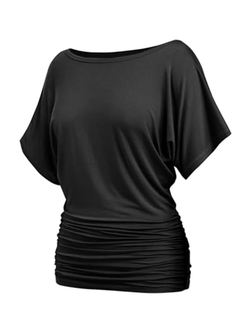 Womens Ruched Tops Dolman Short Sleeve Shirts Boat Neck Batwing Top